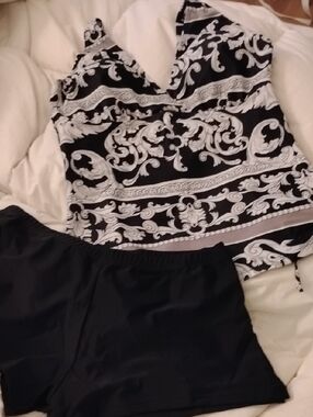 Black & White Printed Tankini Top with Black Swim Shorts